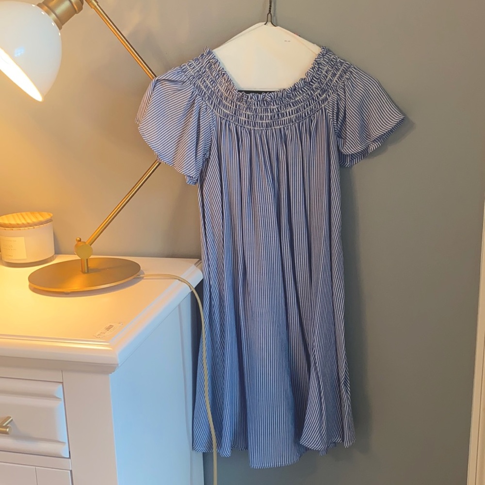 Cutest across the shoulder striped blue dress!